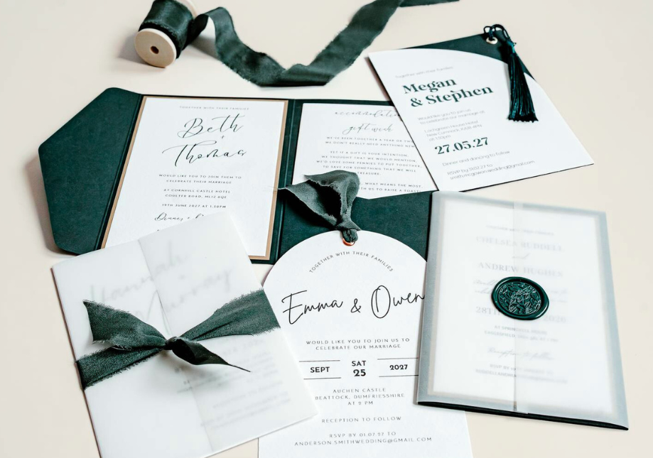 Handmade wedding invitations with silk ribbon and wax seals
